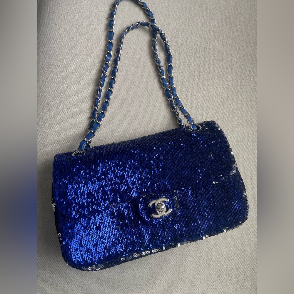 Authentic Chanel Single Flap Blue Sequin Shoulder Bag